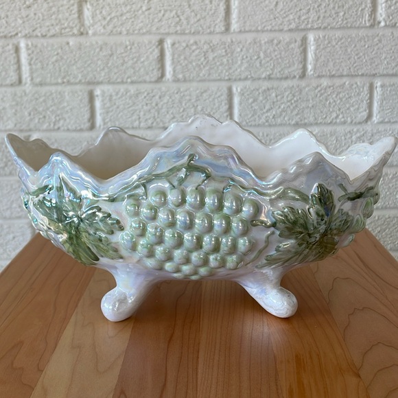Antique Custard Grapes and Leaves / Fruit Vintage Footed Bowl - Uranium Glass?